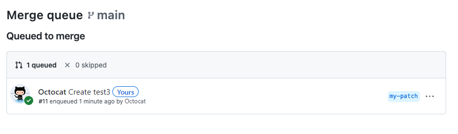 Captura de tela da fila de merge de um repositório.
